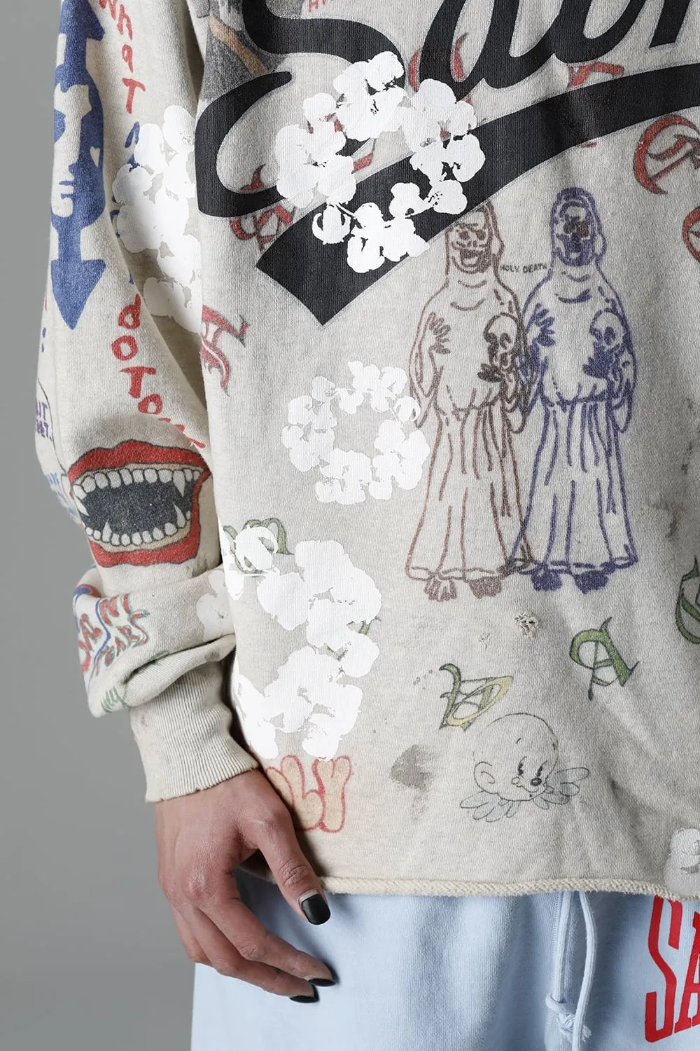 DENIM TEARS × ©SAINT M×××××× "SAINT TEARS" Graffiti Hoodie Joint Model Cotton Graffiti Hoodie Fully Printed Washed Distressed Holes Vintage Sweatshirt Gray S-XL Super Heavy Duty! The whole piece is printed with 35 screens and counterpoint printing!